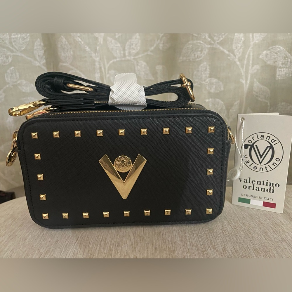 Valentino Orlandi Black & Gold Crossbody Cámara Bag